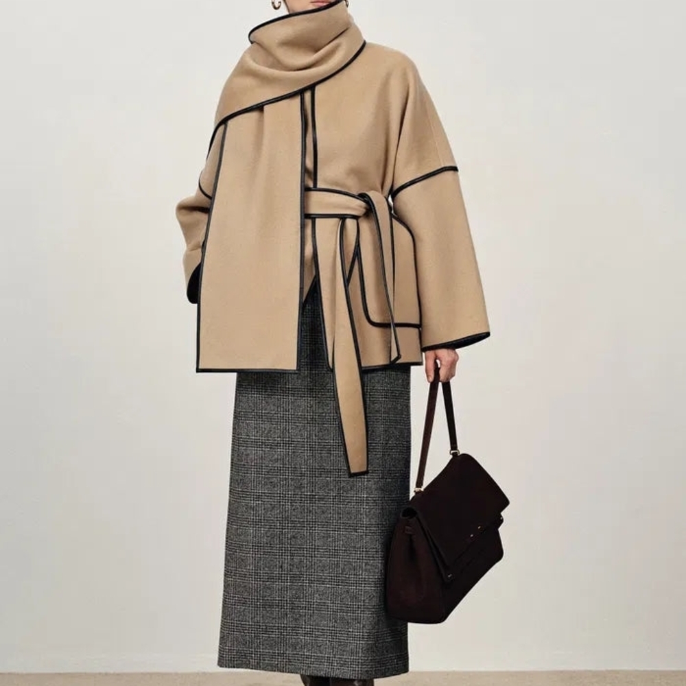 Elegant Tan Women's Coat with Black Trim
